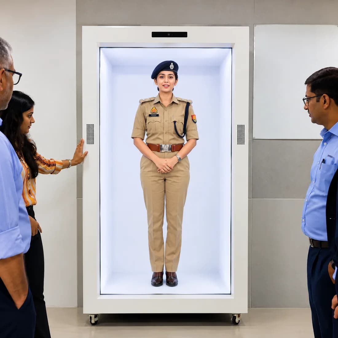 Visitors talking to a Thrifty HoloBox with an AI police officer persona