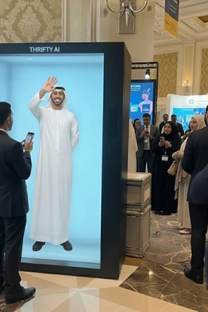 A life-size AI ambassador waving from a Thrifty HoloBox while expo visitors film it