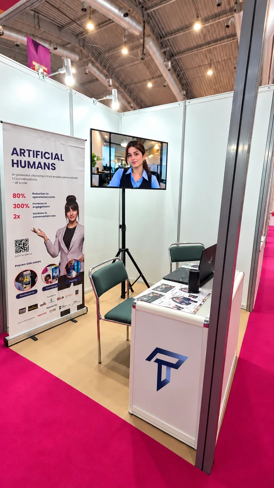 The Thrifty AI booth, with an AI human live on screen