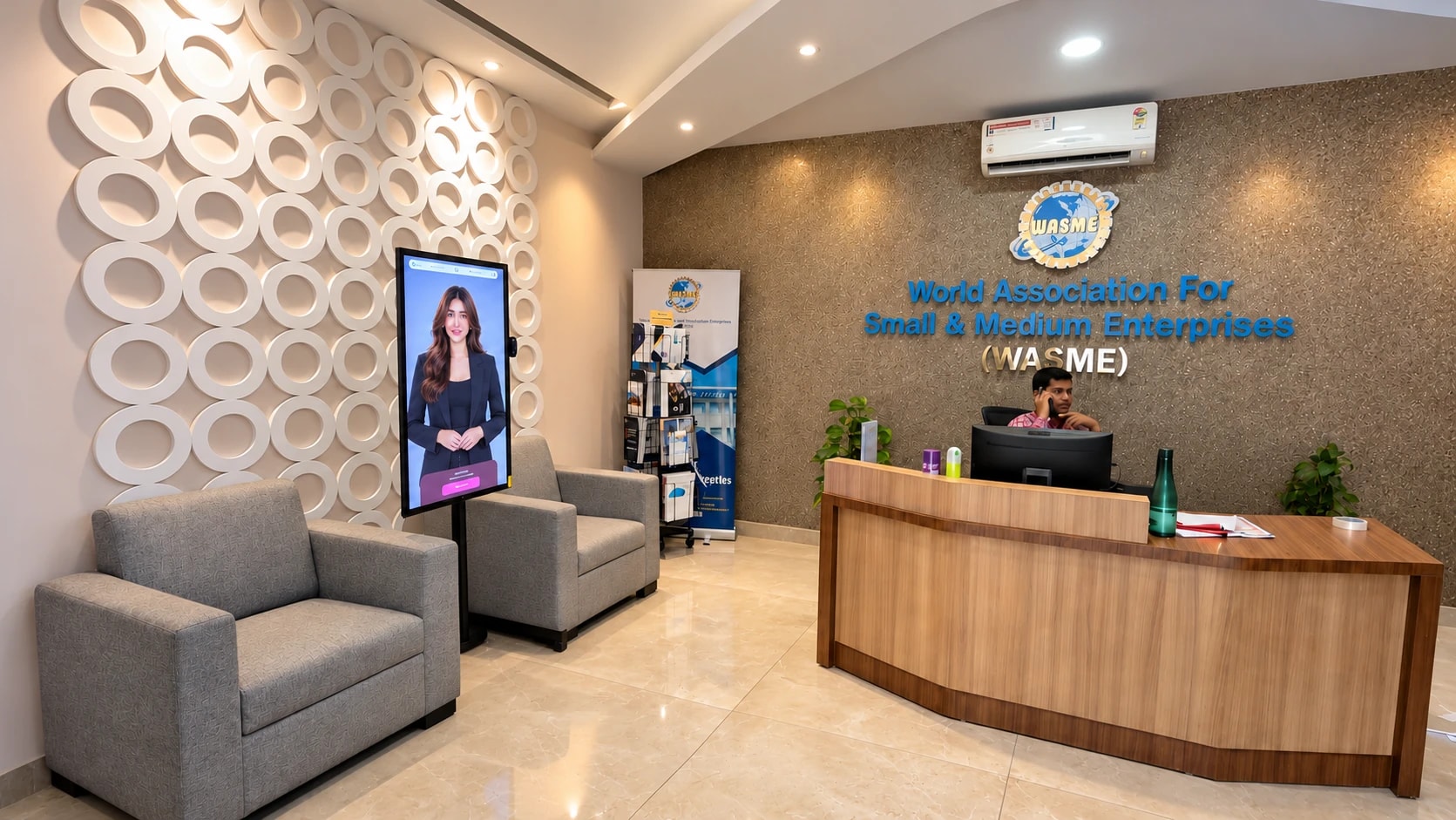 A Thrifty AI display with an AI receptionist in the lobby of an office, beside sofas and the front desk