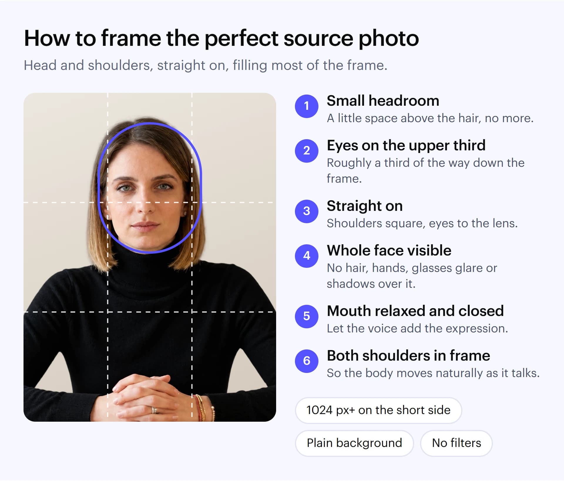 Framing guide on a portrait photo: small headroom above the hair, eyes on the upper third line, straight on to the lens, whole face visible, mouth relaxed and closed, both shoulders in frame, at least 1024 pixels on the short side, plain background.