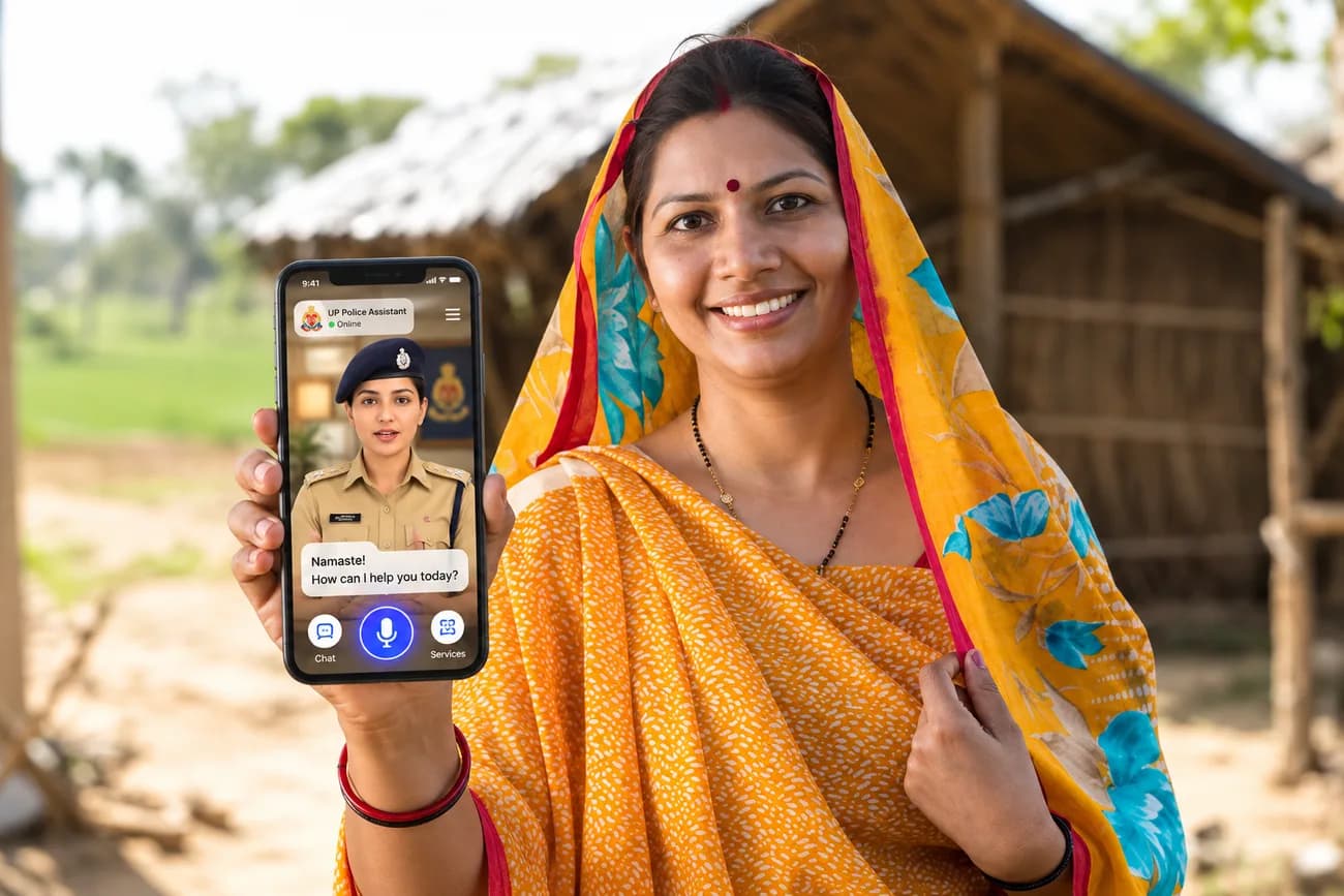 A woman in a village holding a phone showing a police help avatar
