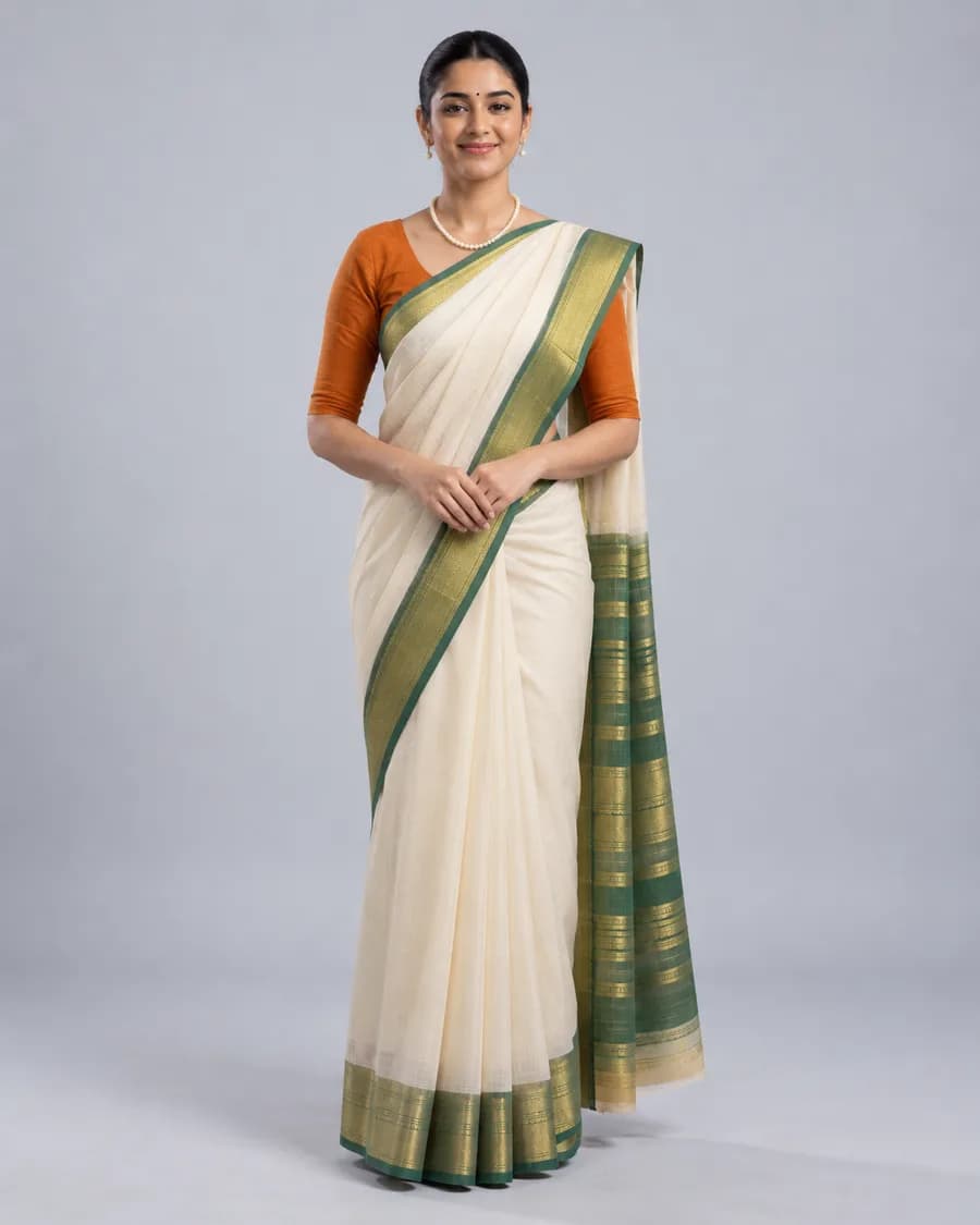 Nityani, Thrifty AI's AI ambassador, in a cream and green saree