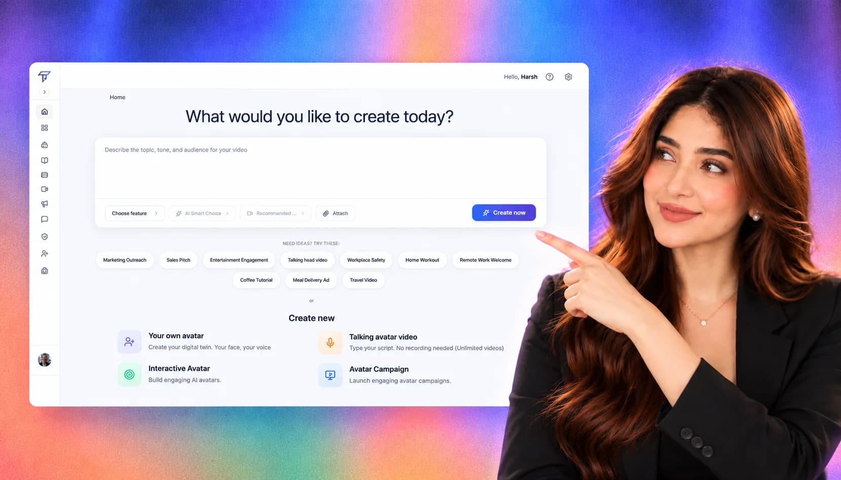 Thrifty AI video creation dashboard with a prompt box, suggested ideas and avatar options, beside a presenter pointing at it