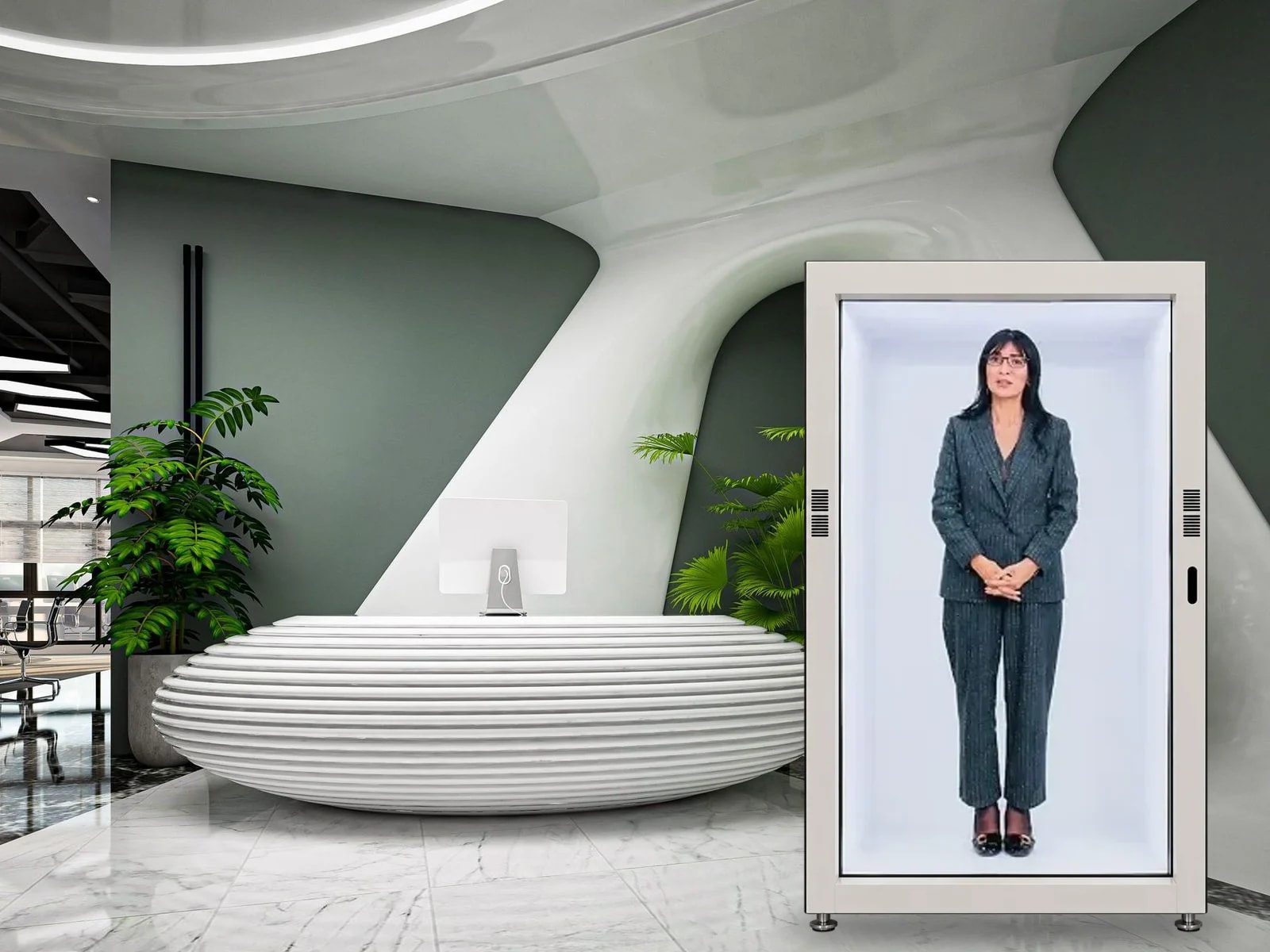 A Thrifty HoloBox receptionist beside a sculpted white reception desk in a modern office lobby