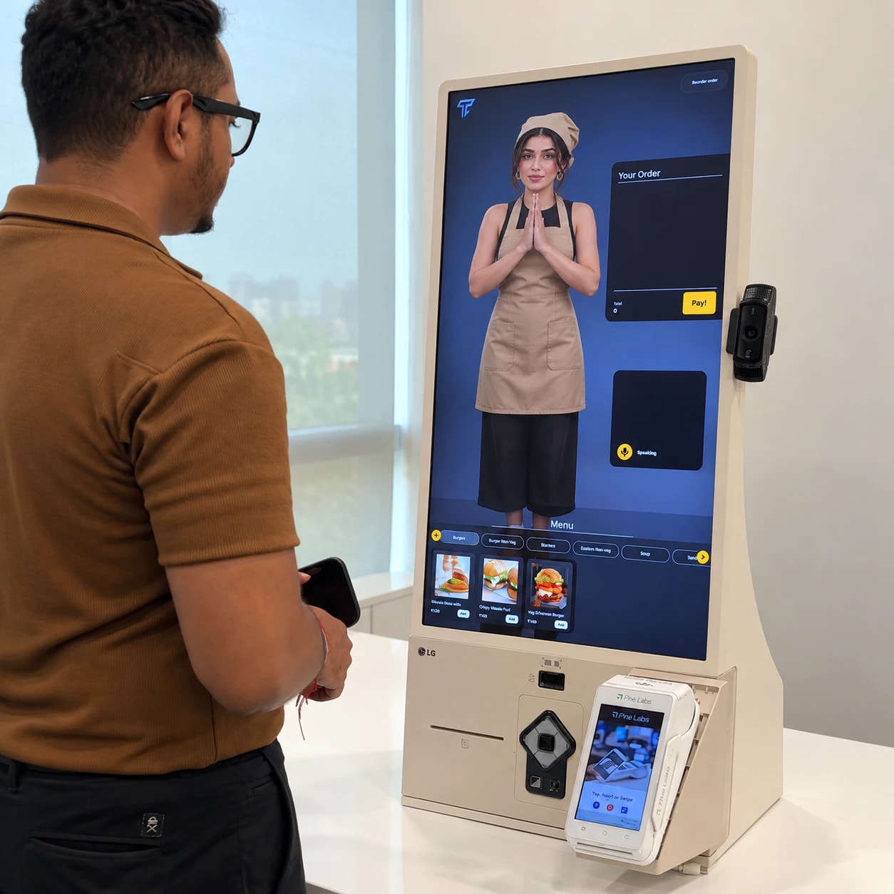 A customer ordering from a Thrifty AI self-service kiosk with an AI host in an apron and a card terminal attached