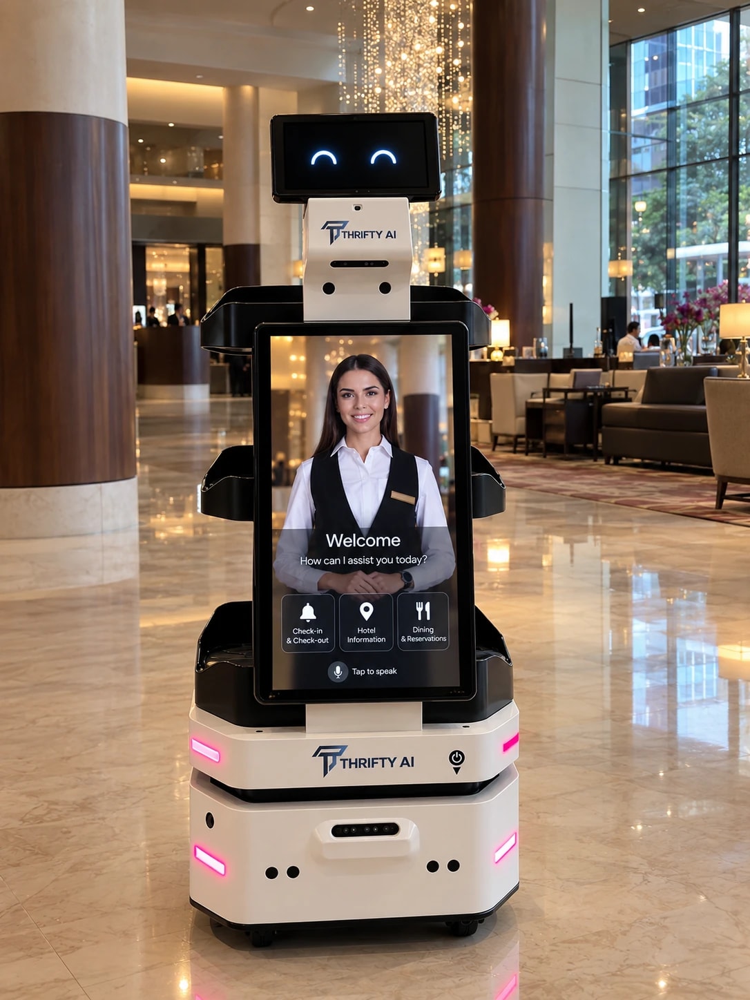 A Thrifty AI service robot with an AI concierge on its screen offering check-in, hotel information and dining in a marble hotel lobby