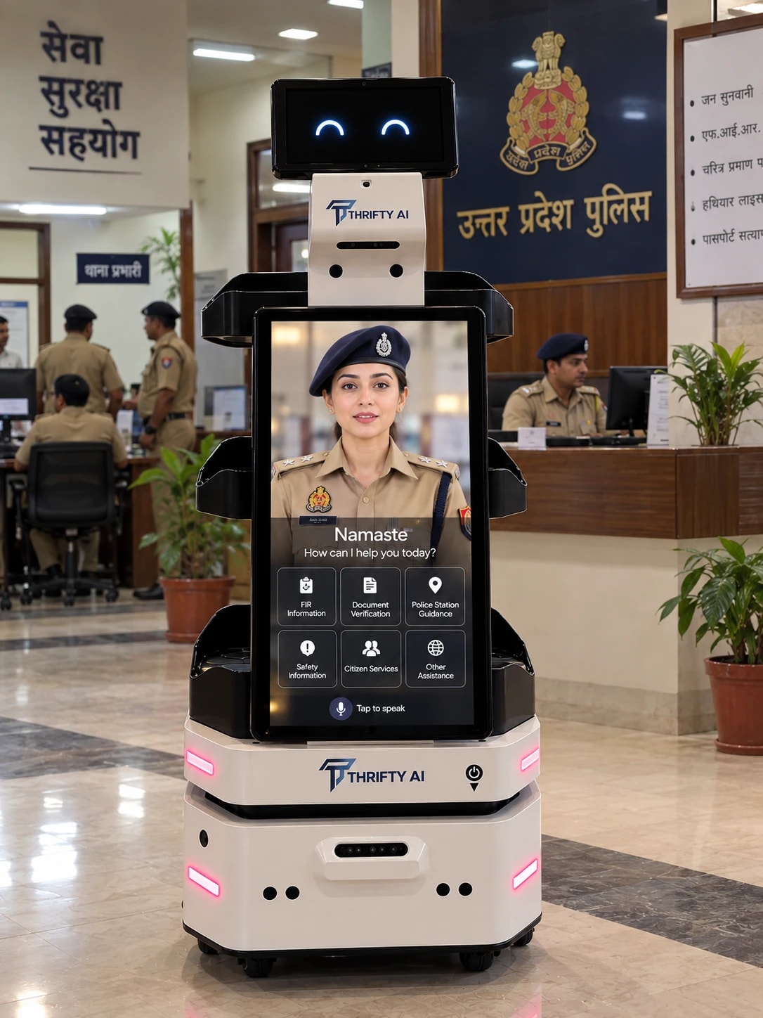 A Thrifty AI service robot in a police station lobby, its screen offering FIR information, document verification and tap to speak