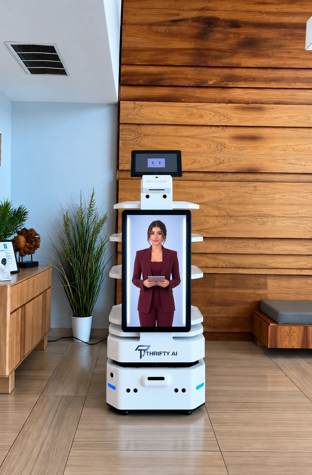 A Thrifty AI service robot with an AI receptionist in a maroon suit holding a tablet in a modern lobby with a wooden wall